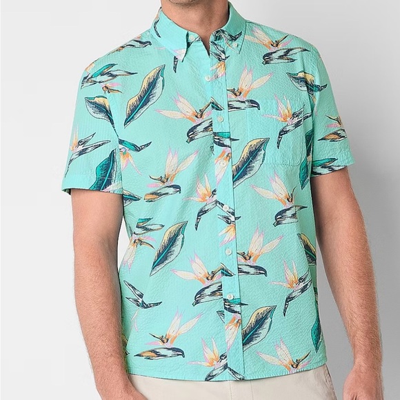 St. John's Bay Seersucker No Tuck Mens Slim Fit Short Sleeve Button-Down Shirt - Picture 1 of 2